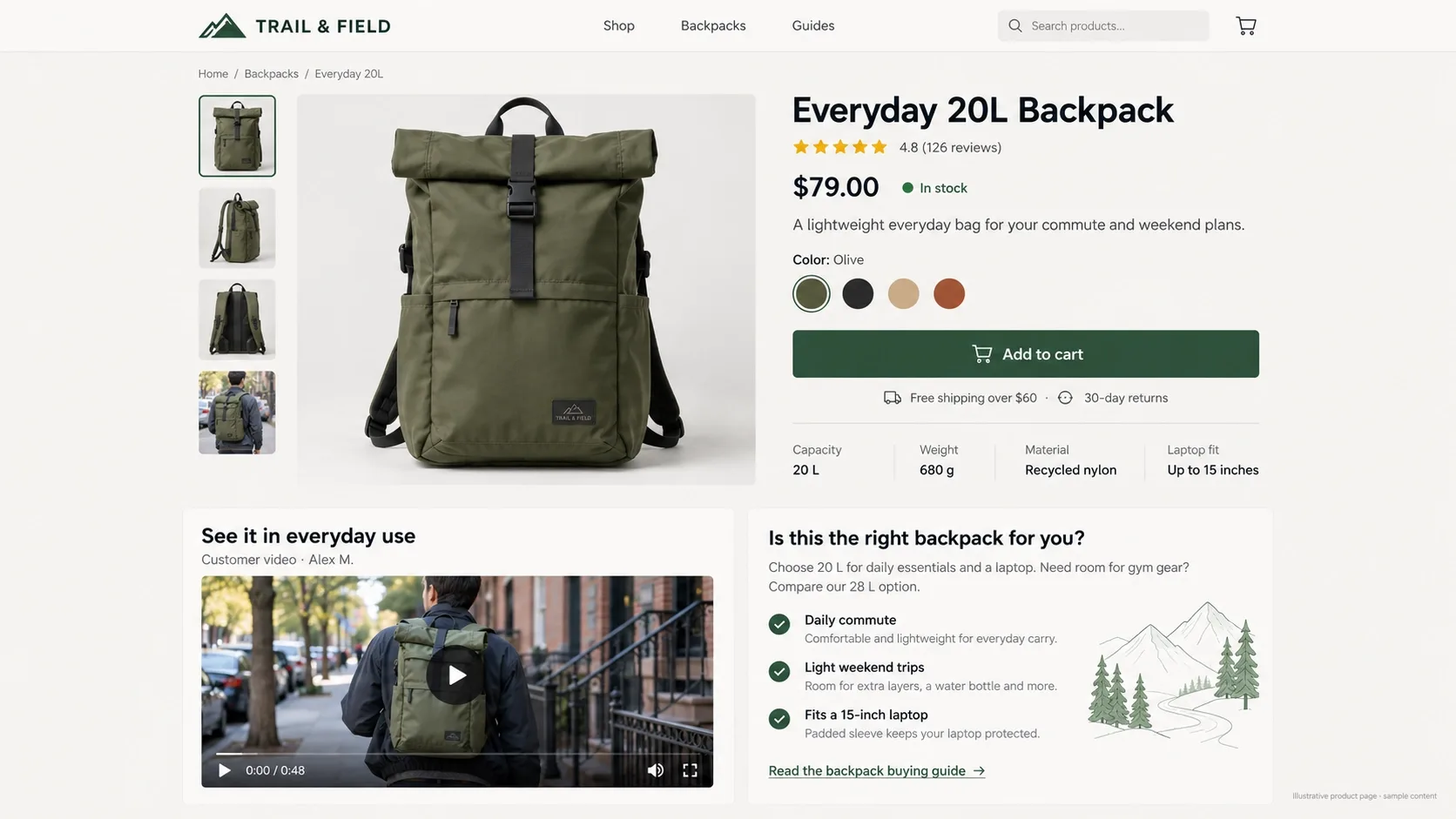 product page blending specifications with an embedded user-generated video and a buying guide