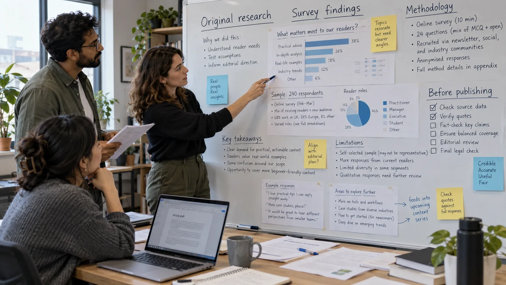 whiteboard covered in original research notes and survey data