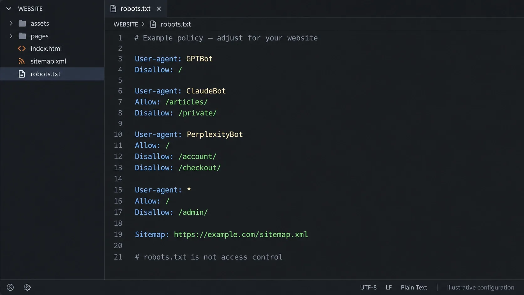 robots.txt file showing separate Allow and Disallow rules for different named AI crawlers