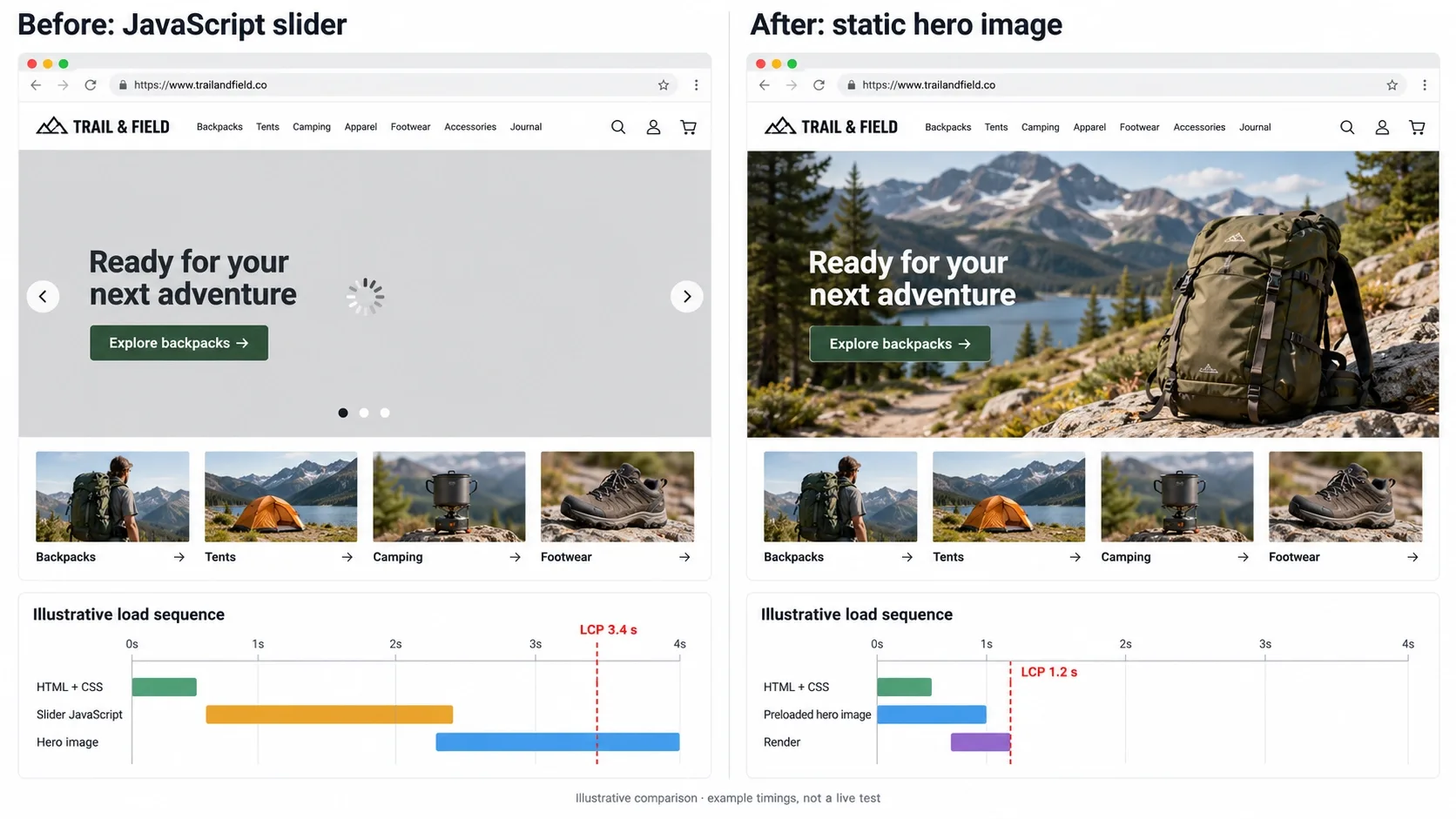 comparison of a homepage with a JavaScript slider versus a static hero image