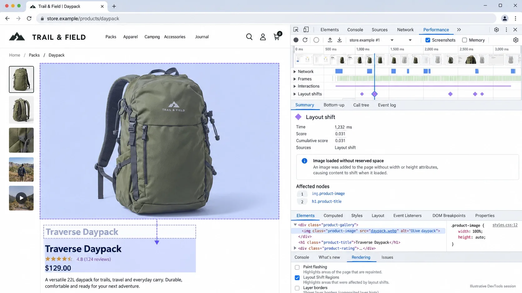 Chrome DevTools showing a layout shift overlay