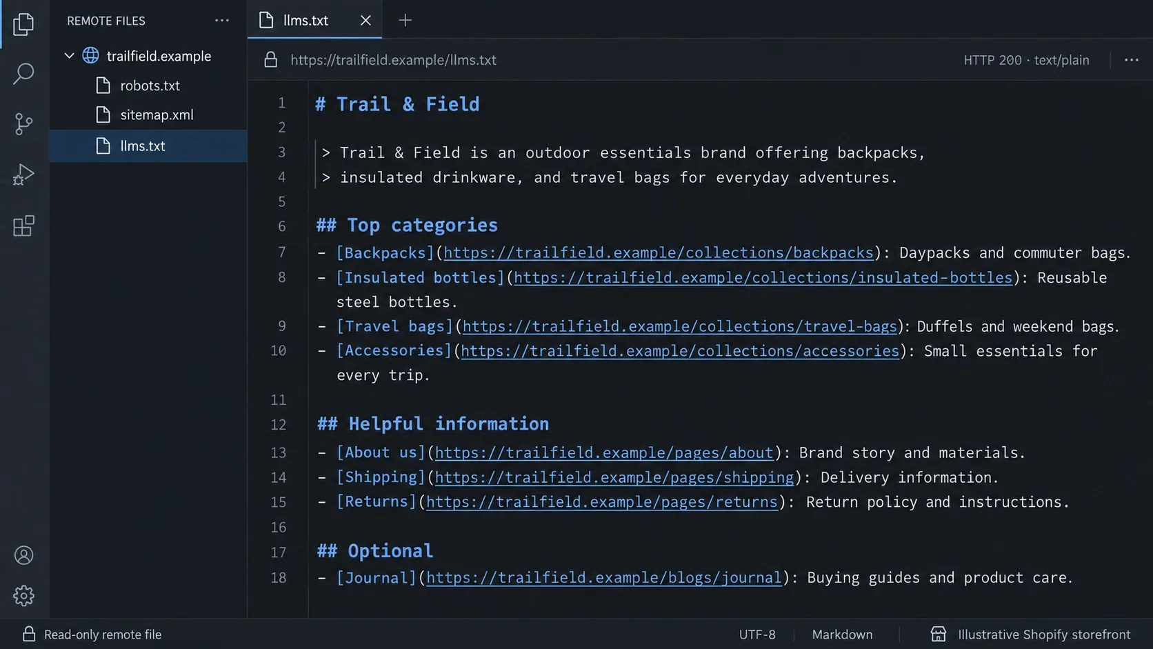llms.txt file served from a Shopify store's root