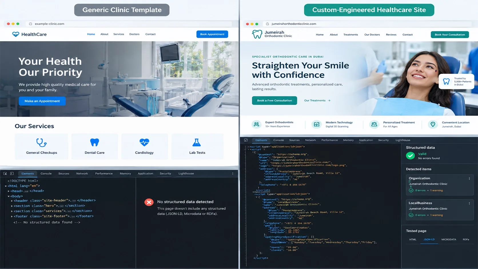 generic clinic homepage template vs a custom-engineered healthcare site