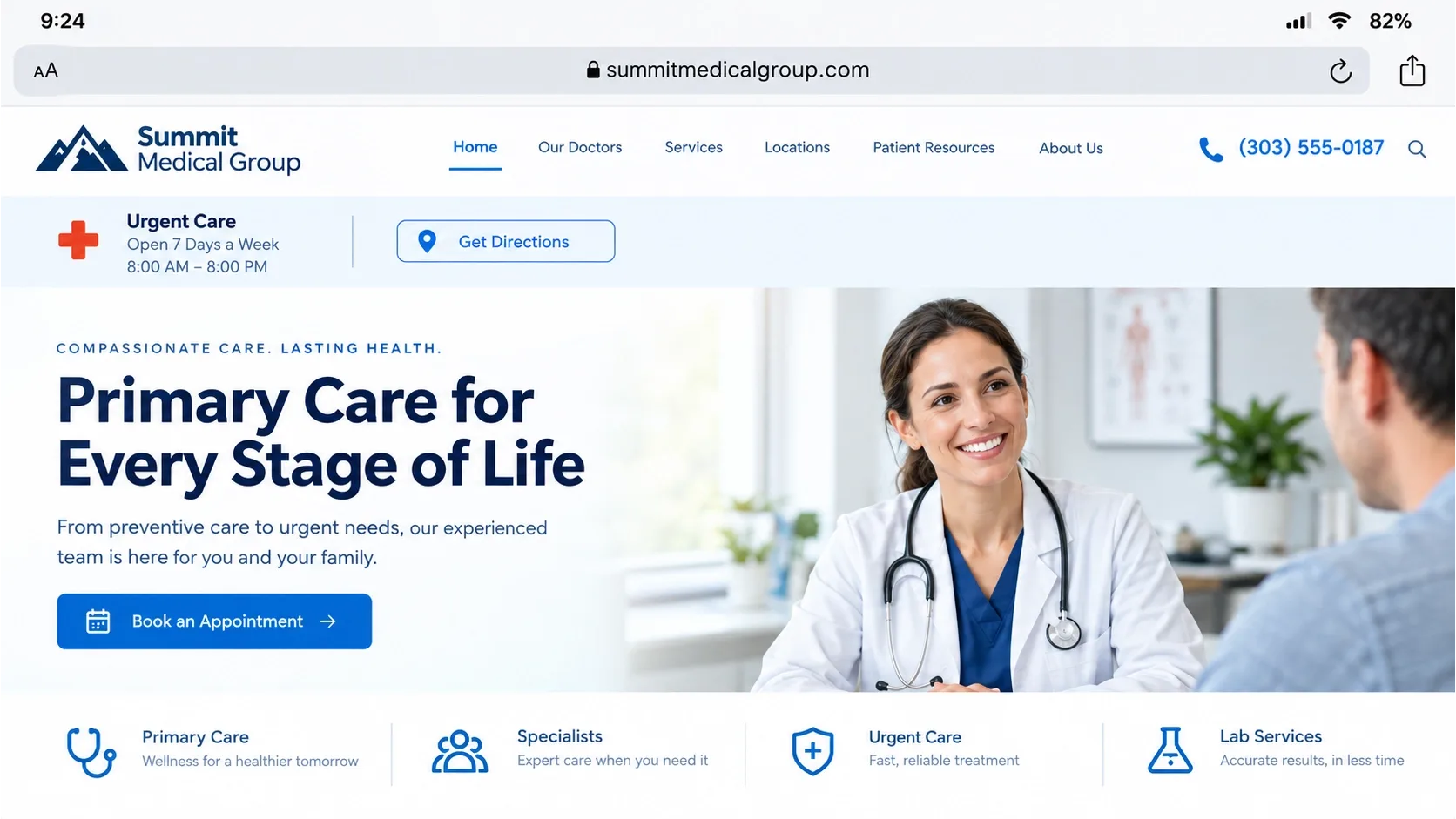 clinic homepage loading quickly, phone number and urgent-care hours visible