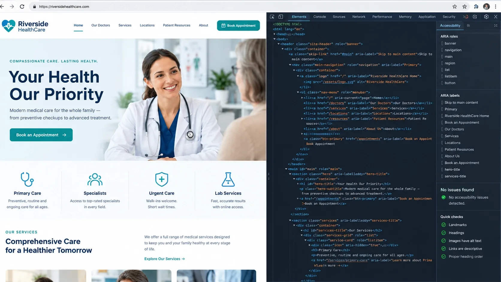clinic website's HTML structure in DevTools