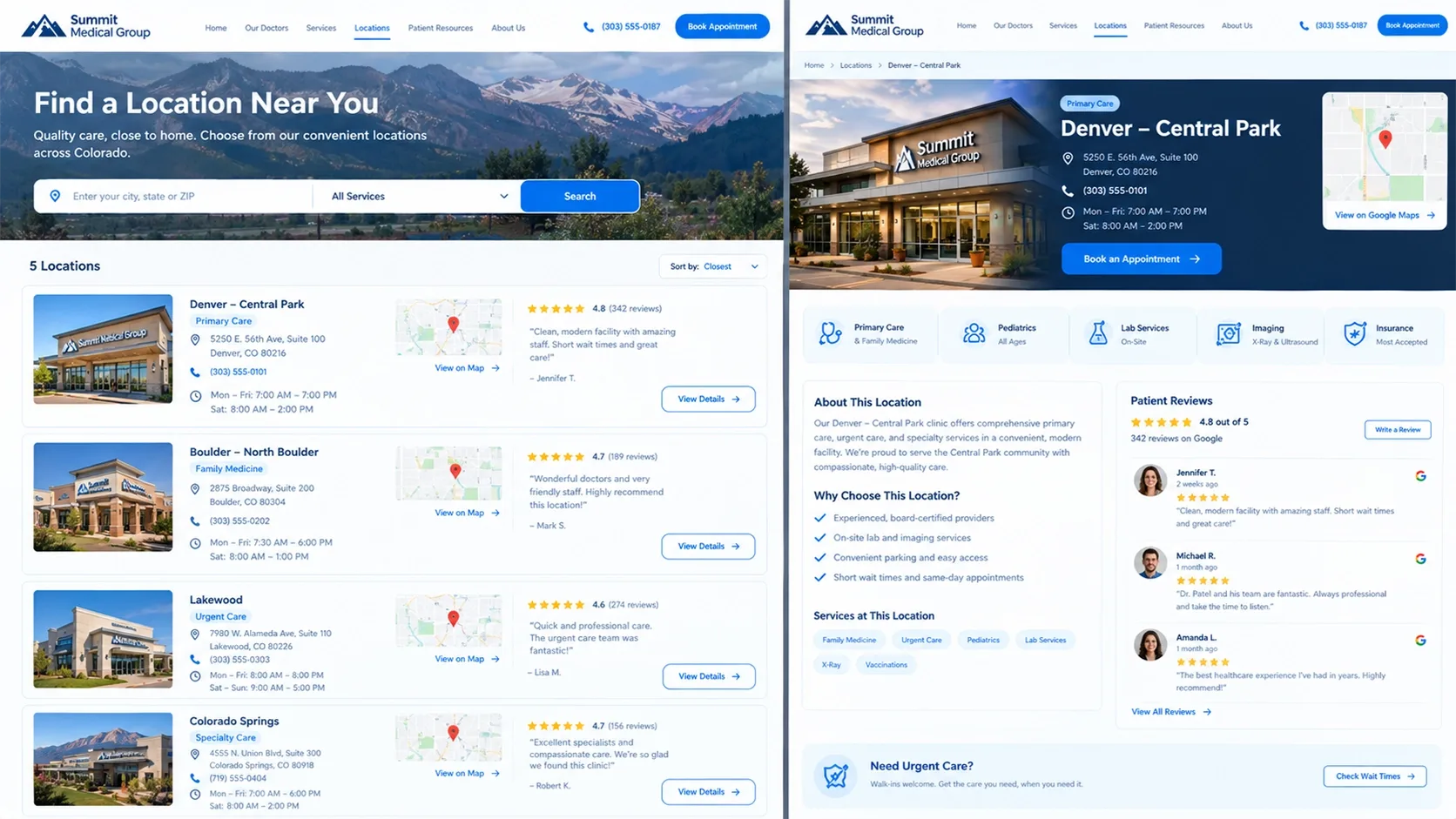 multi-location clinic finder page showing distinct branch pages with unique local content
