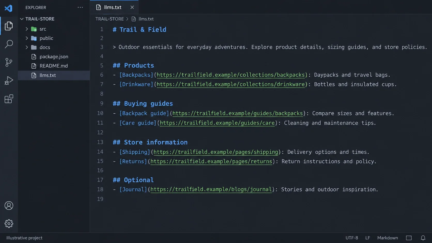 code editor screenshot showing an llms txt of a clinic
