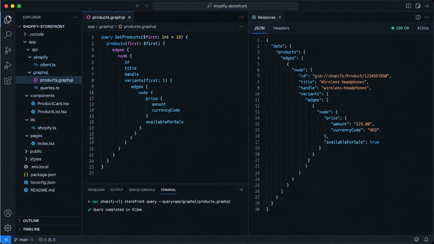code editor screenshot showing a GraphQL query against Shopify's Storefront API