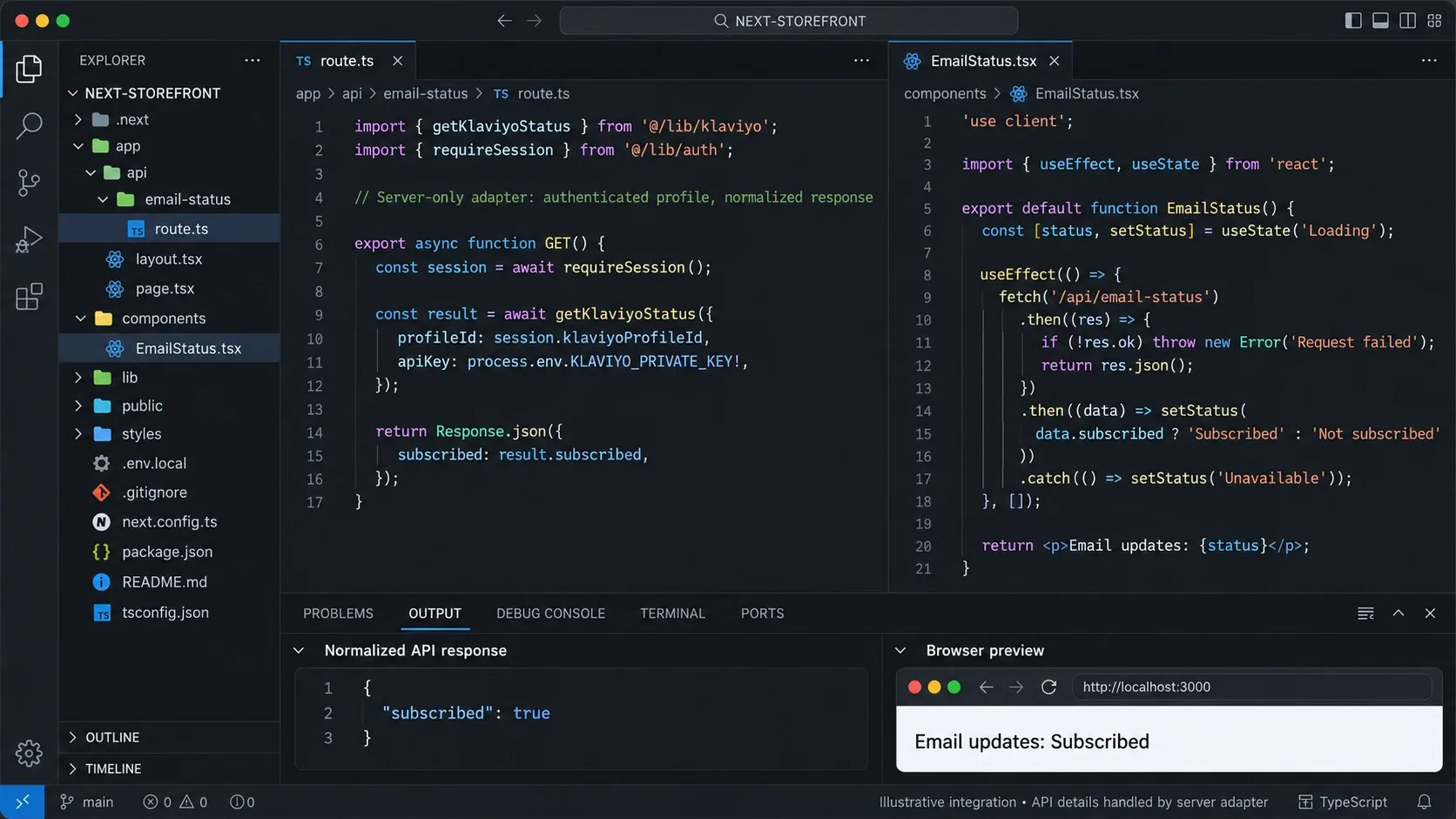 custom middleware connecting a Klaviyo API response into a Next.js frontend component