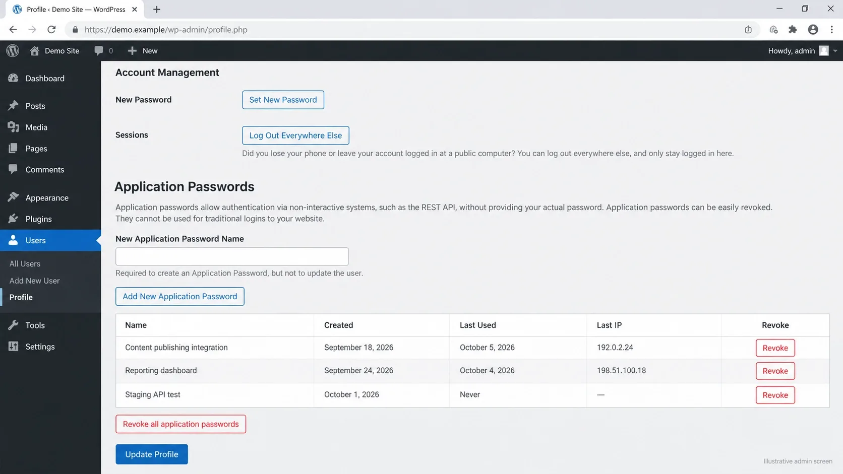 WordPress Users, Profile screen showing the Application Passwords section