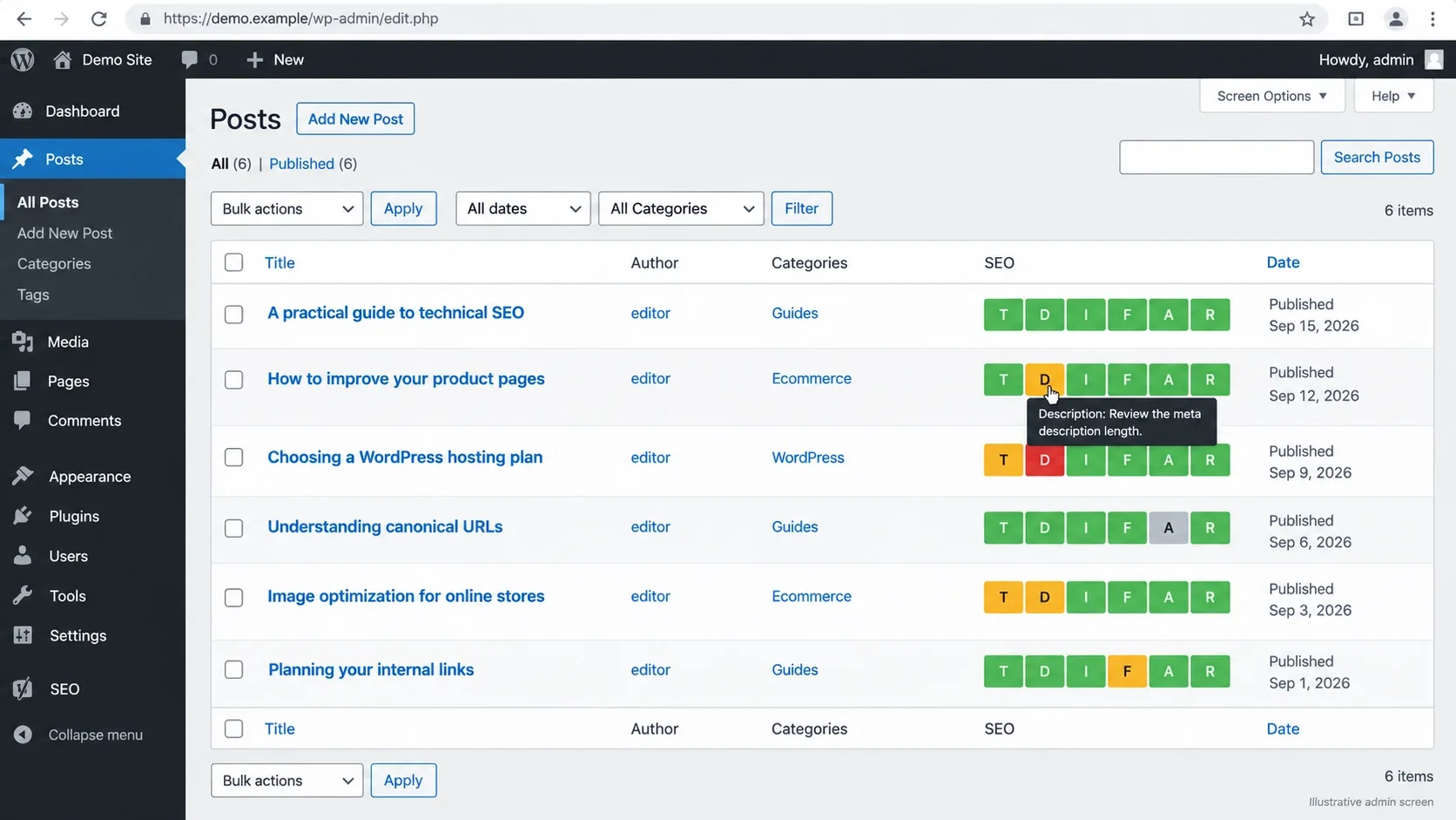 SEO Framework's SEO Bar in the WordPress Posts list