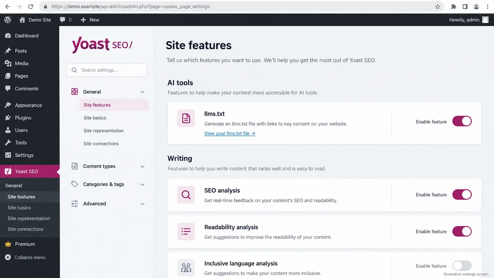 Yoast SEO's Site features settings panel with the llms.txt toggle visible