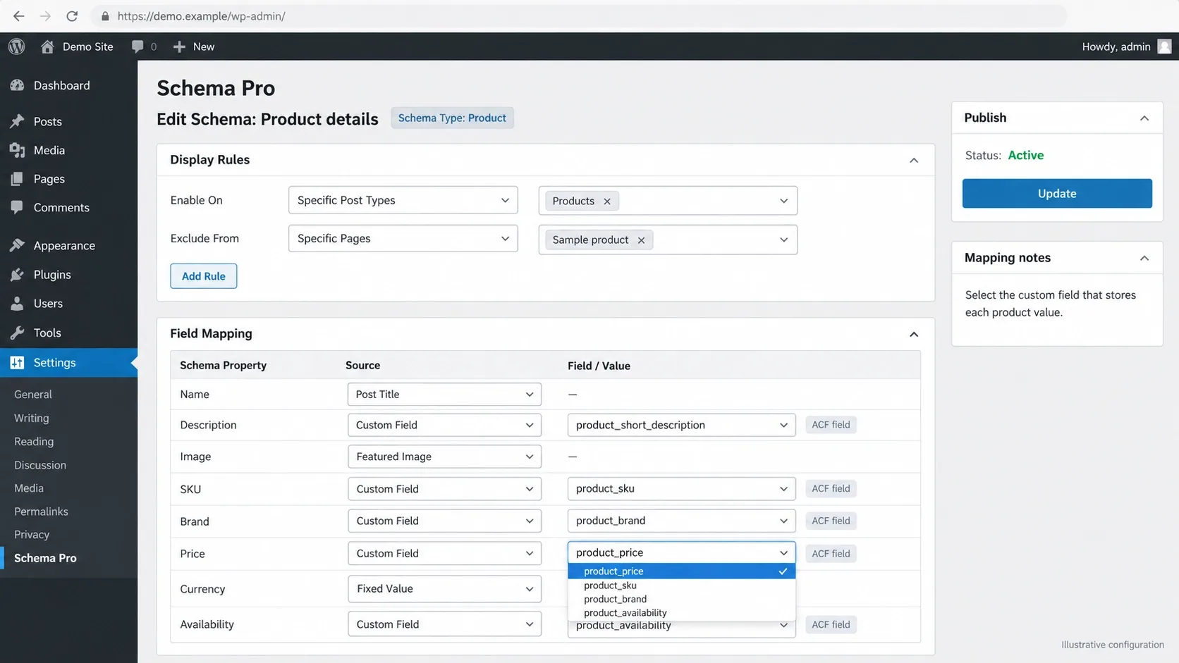 Schema Pro's display rules and field mapping screen