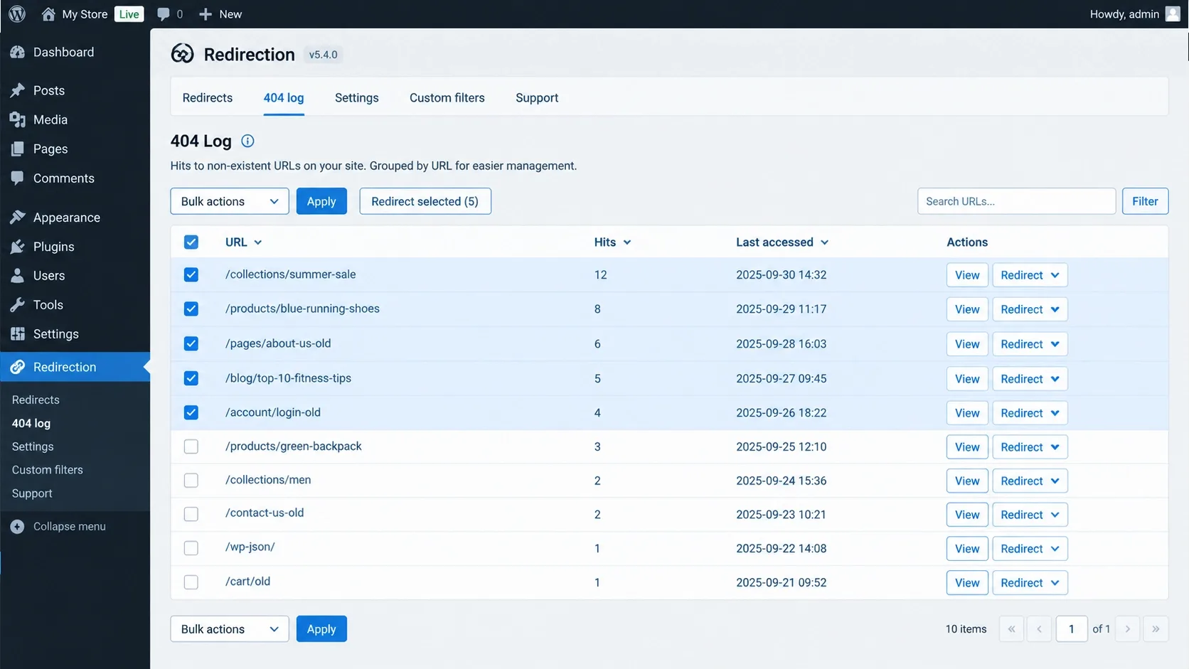 Redirection plugin's 404 log grouped by URL