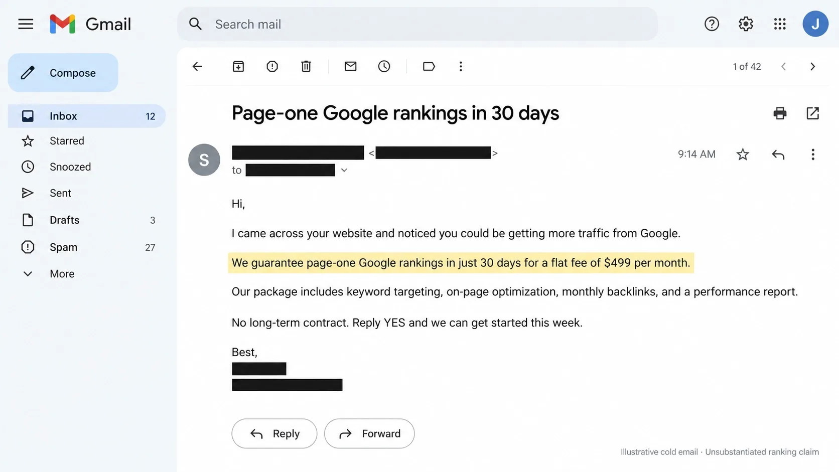 cold email promising page-one Google rankings in 30 days for a flat monthly fee