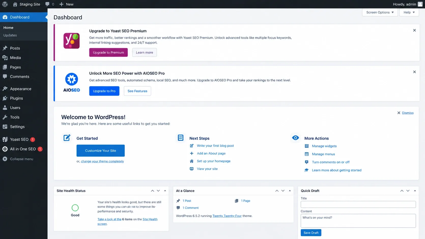 wordpress dashboard with seo plugins notices