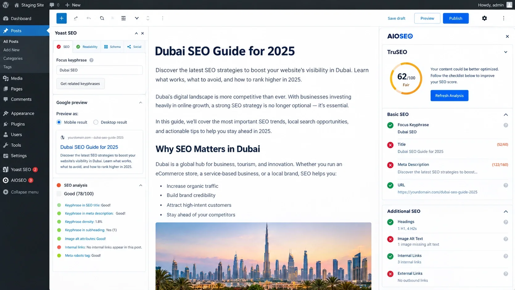 Yoast traffic-light panel and the AIOSEO TruSEO panel open on the same draft post
