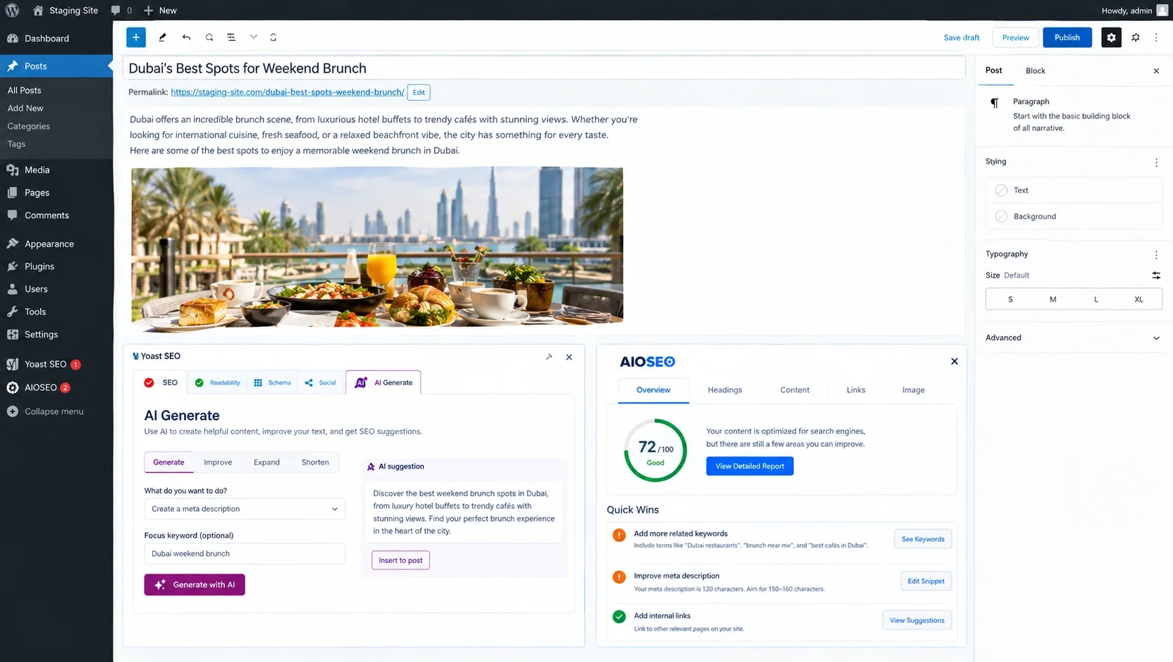 Yoast AI Generate panel in the editor and the AIOSEO AI Insights report side by side
