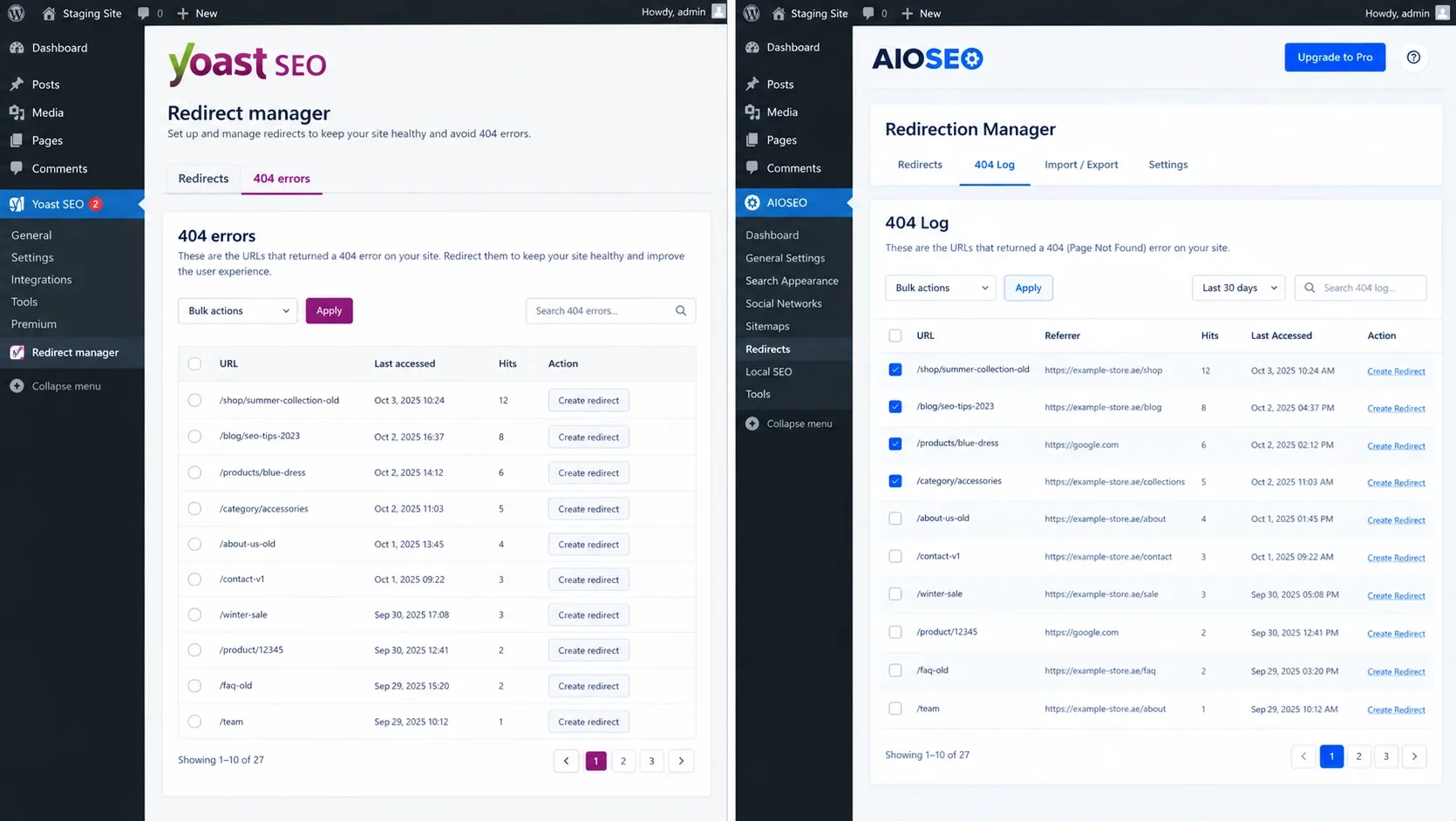 yoast vs aioseo redirect managers