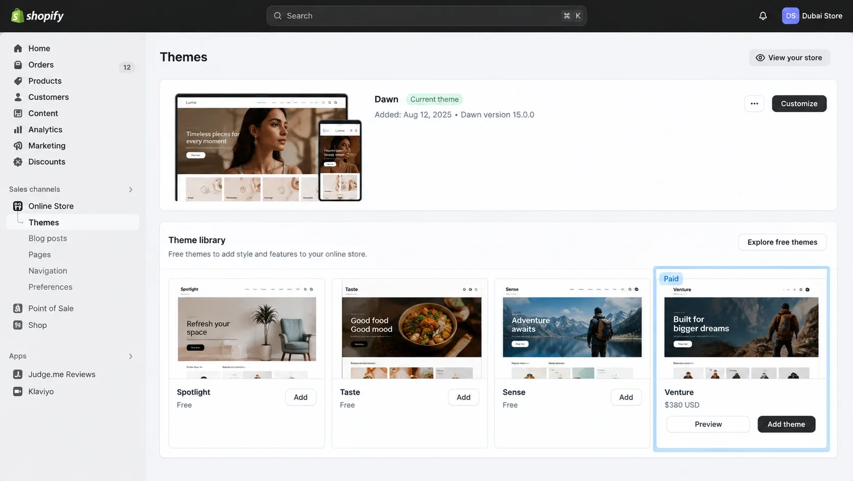 shopify themes dashboard overview