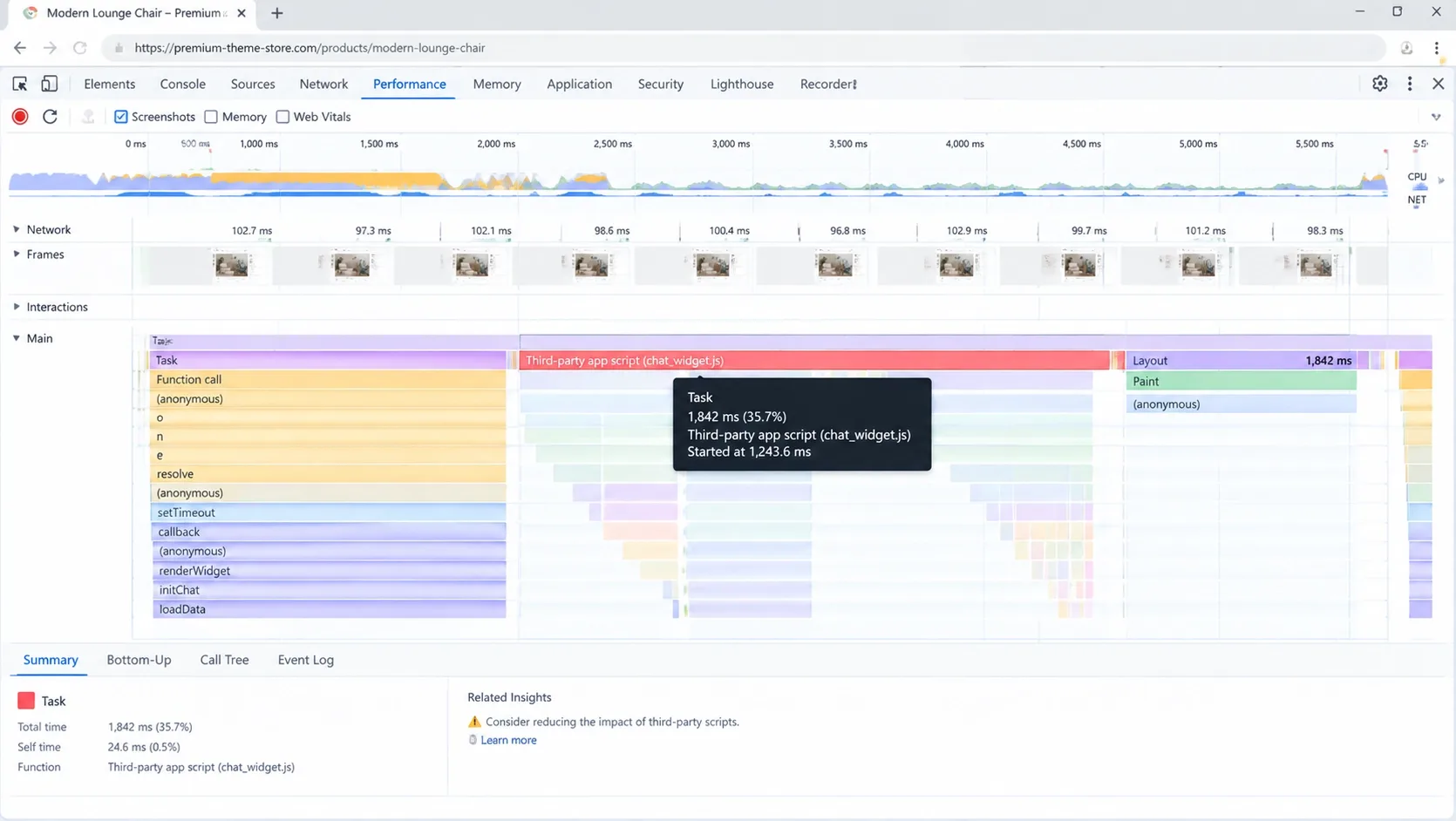 Chrome DevTools Performance recording with a long main-thread task