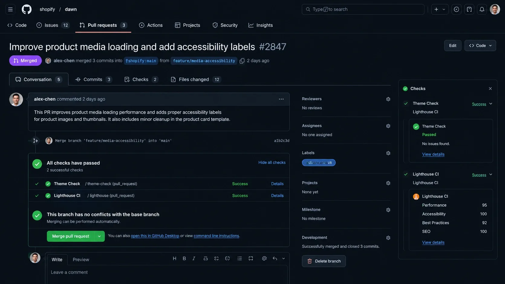 GitHub pull request showing passing Theme Check and Lighthouse CI results on a Shopify theme repository
