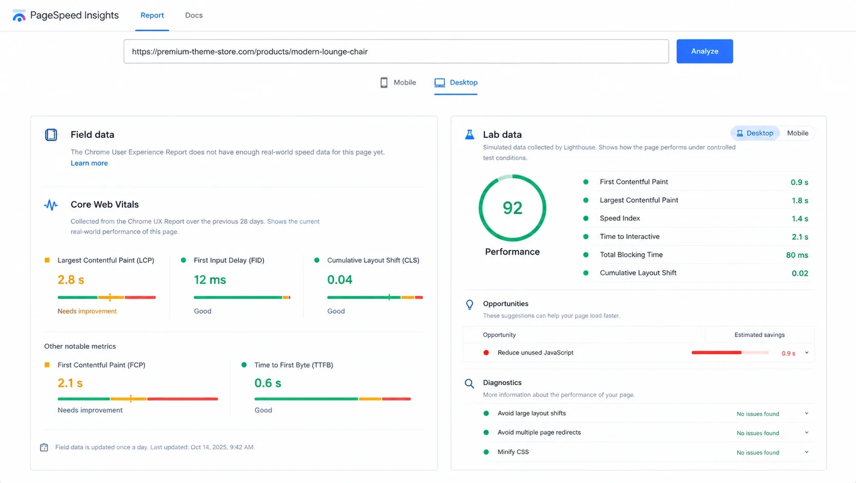 PageSpeed Insights showing the field-data block beside lab diagnostics for the same URL