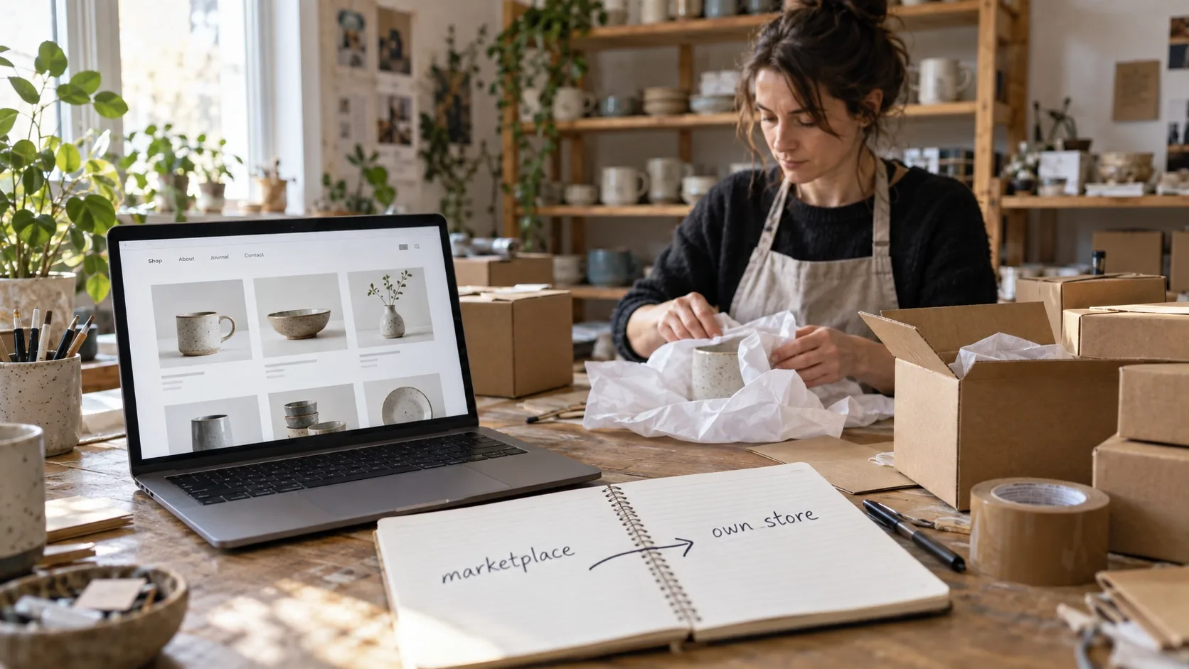 Online seller at a packing table planning a move from a marketplace to a Shopify store