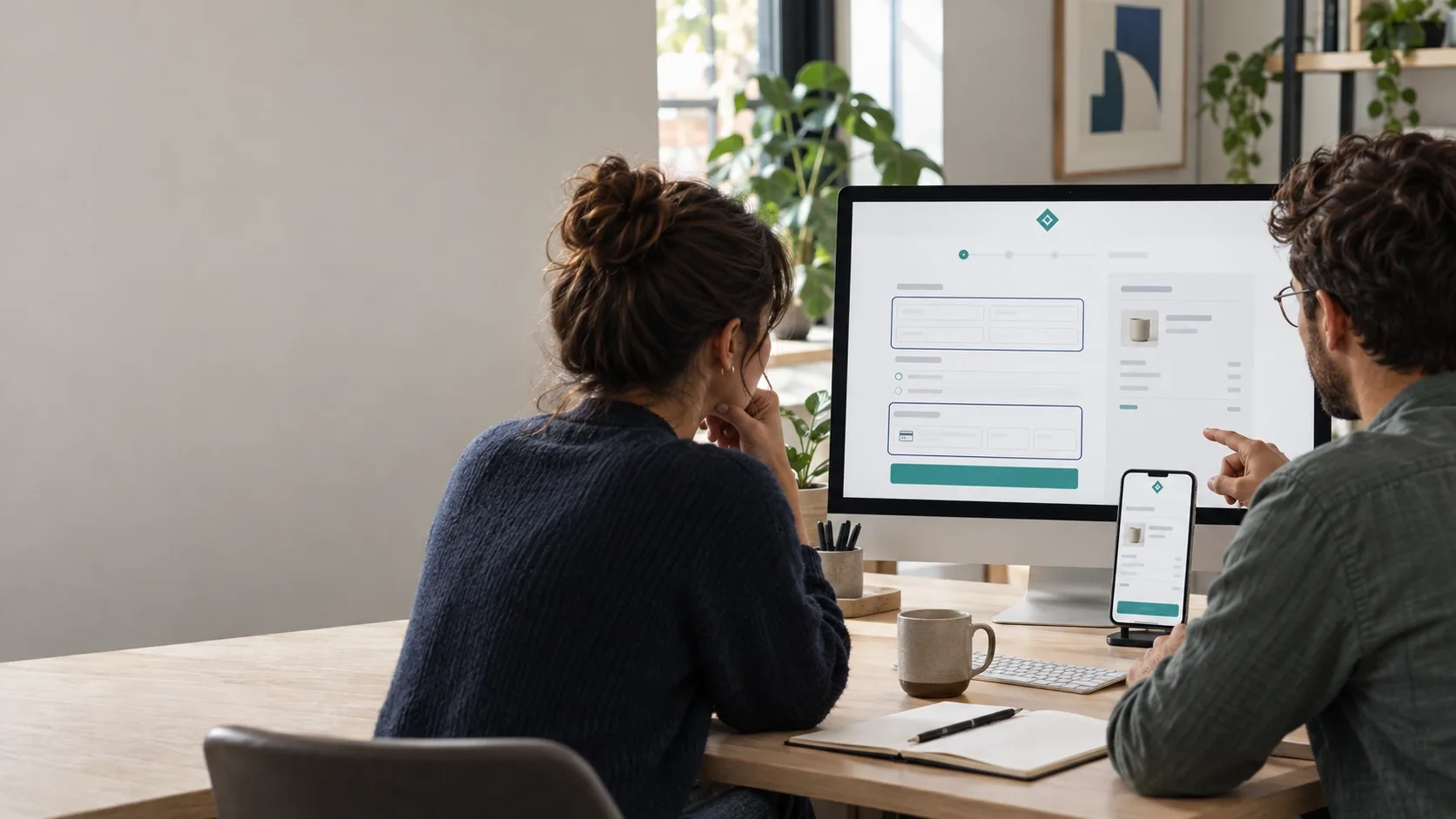 Merchant and developer reviewing a generic checkout design on desktop and mobile screens