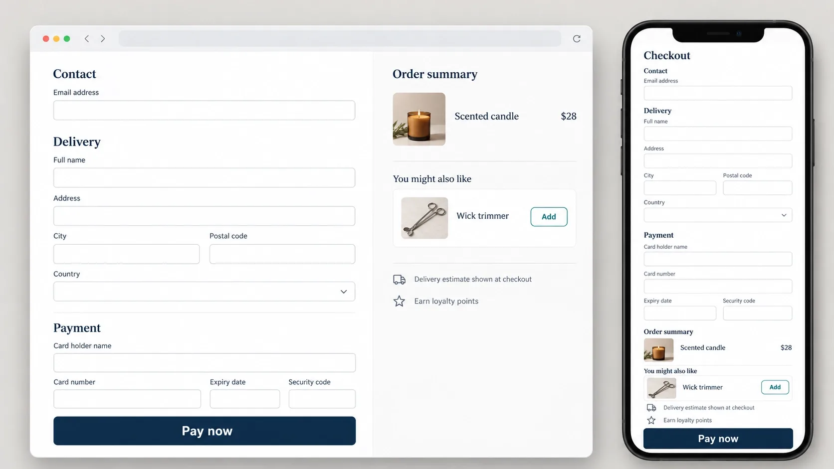 Checkout mockup with one product offer, a delivery message and a loyalty line, with a dominant pay button