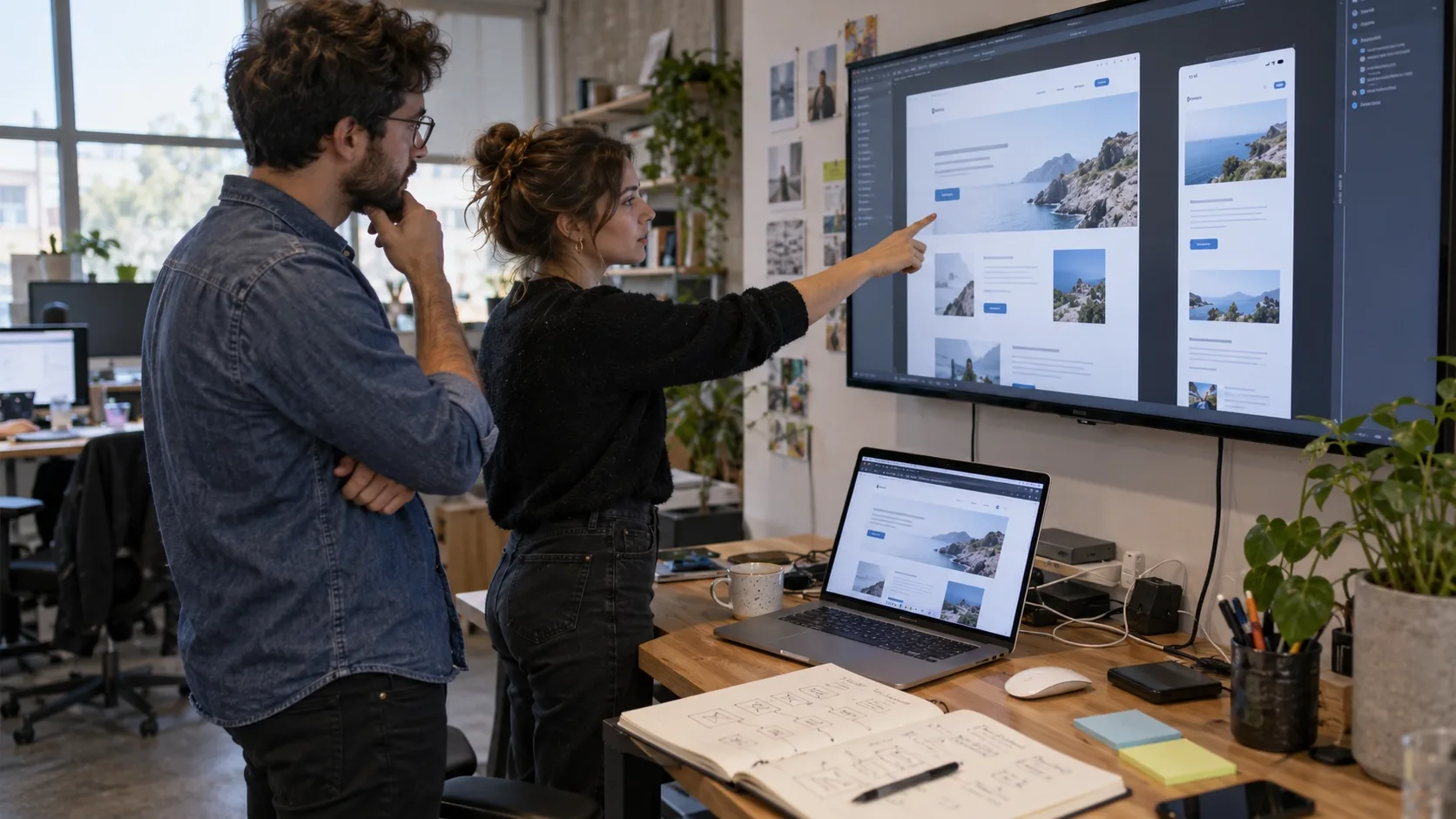 Designer and developer reviewing a responsive website design 