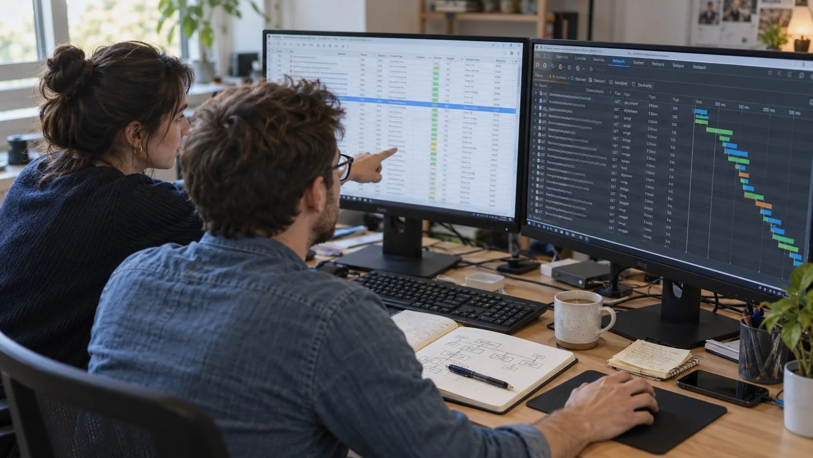 SEO specialist and developer reviewing a crawl export and browser network panel side by side