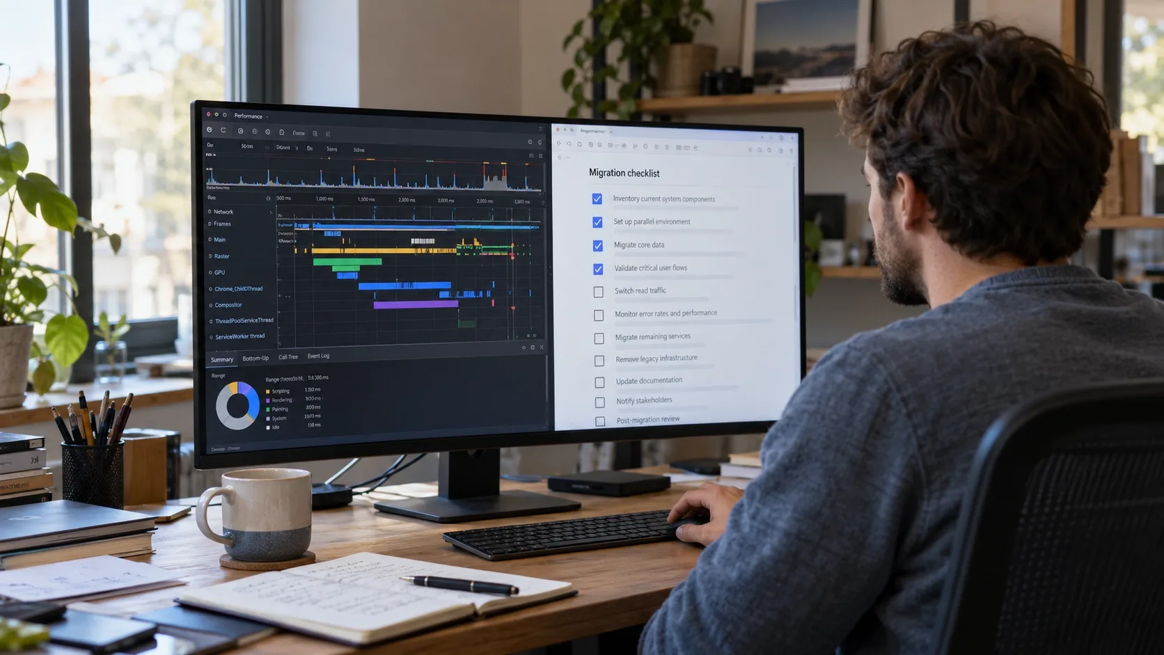Developer reviewing website performance traces and migration requirements