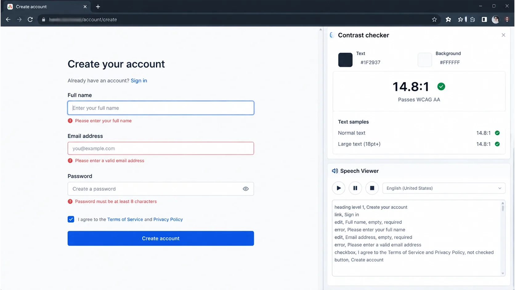 Keyboard focus indicator moving through a checkout form