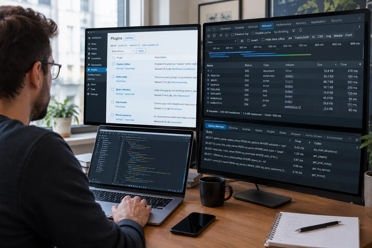 Developer reviewing WooCommerce plugin requests and database performance