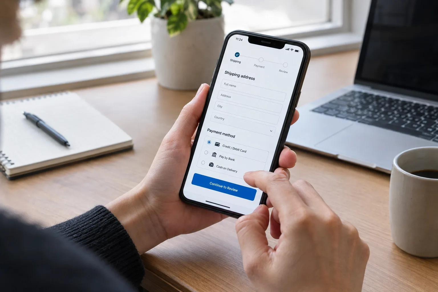 Person testing a WooCommerce checkout on a physical phone