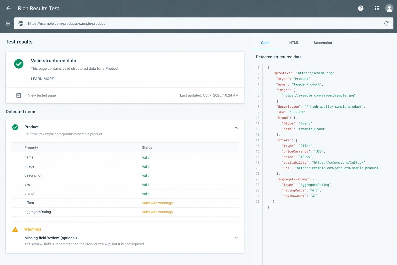 Rich Results Test showing product structured data validation