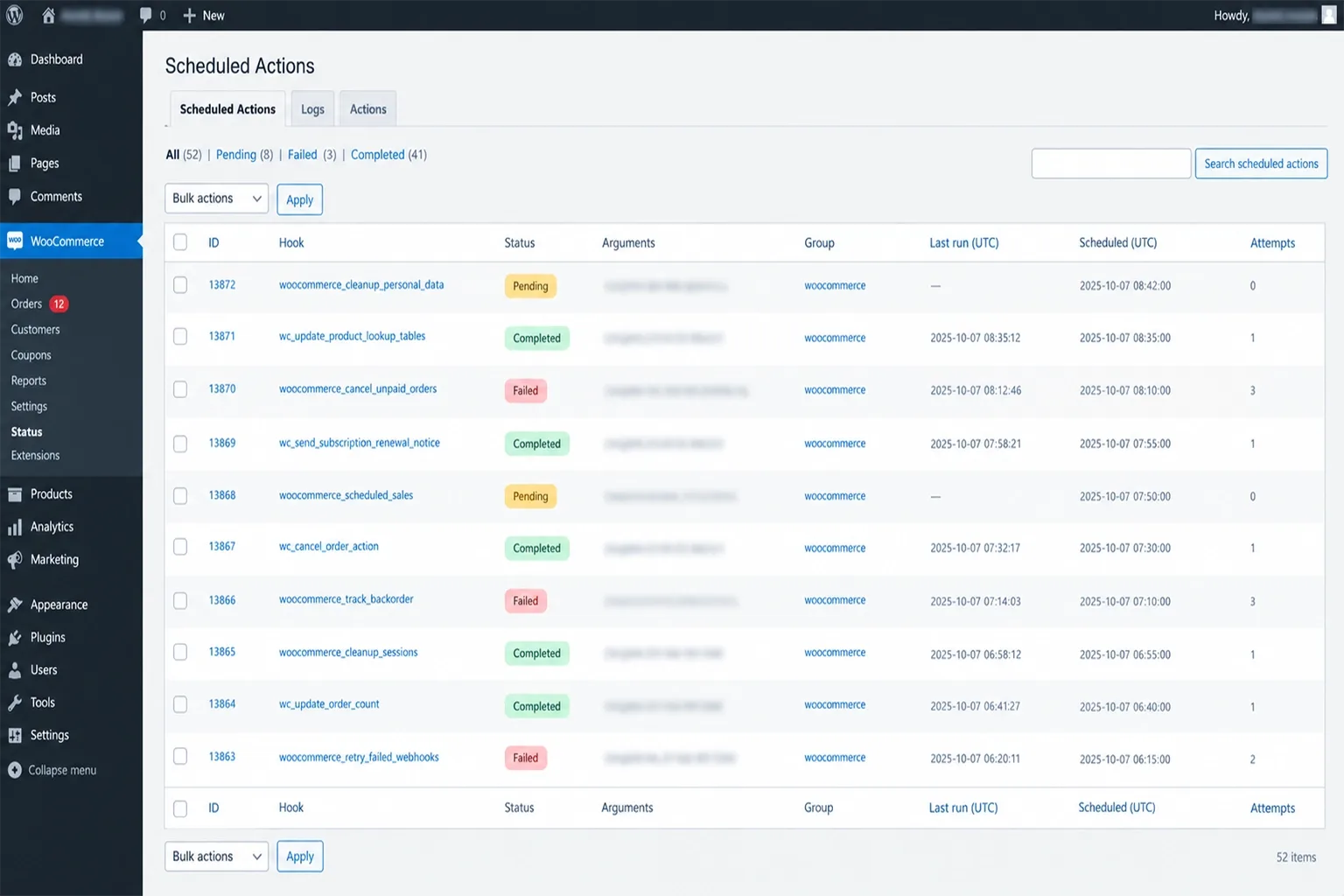 Action Scheduler screen listing pending, failed and completed scheduled actions