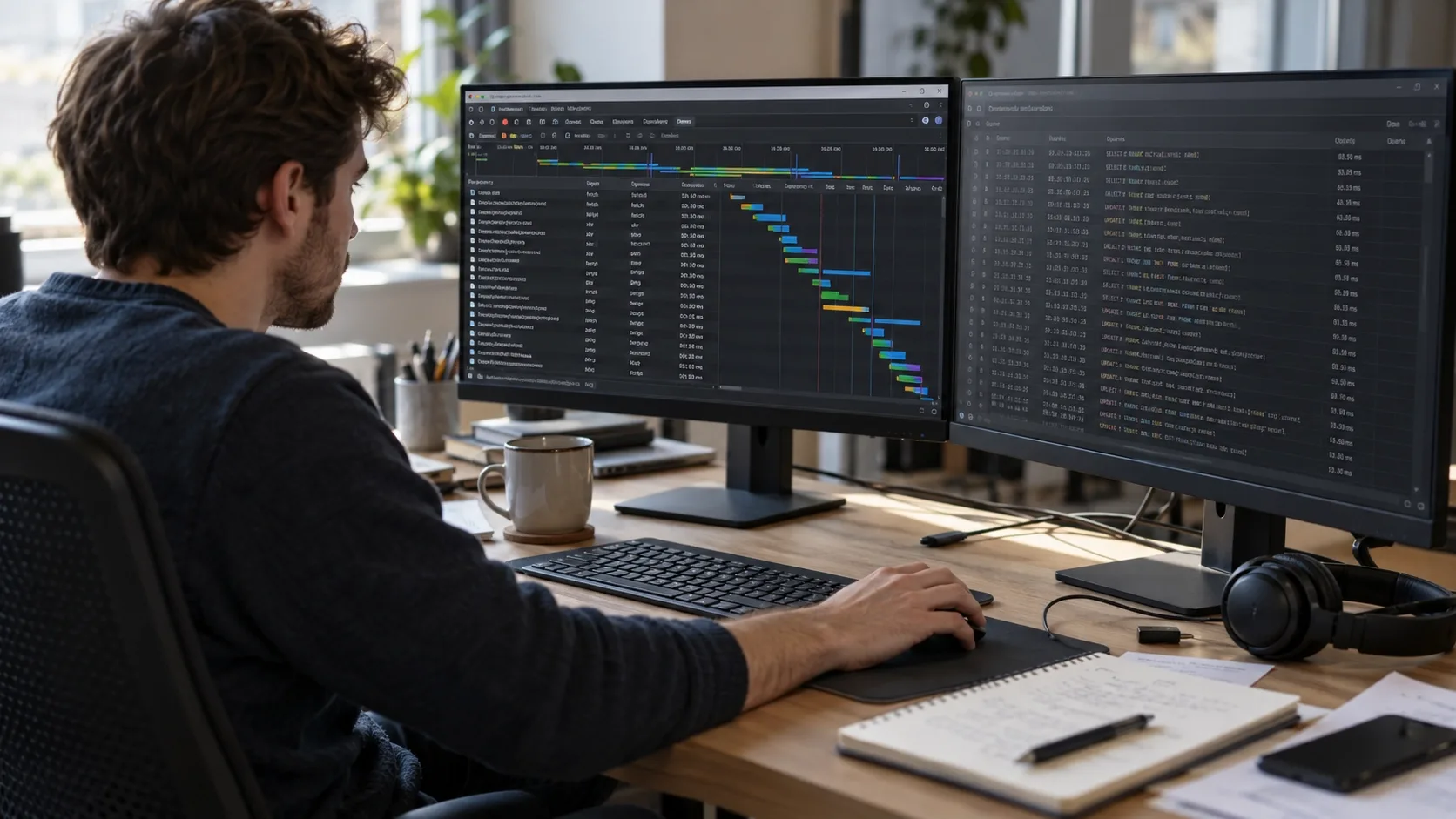 Developer reviewing a browser network panel and database query log