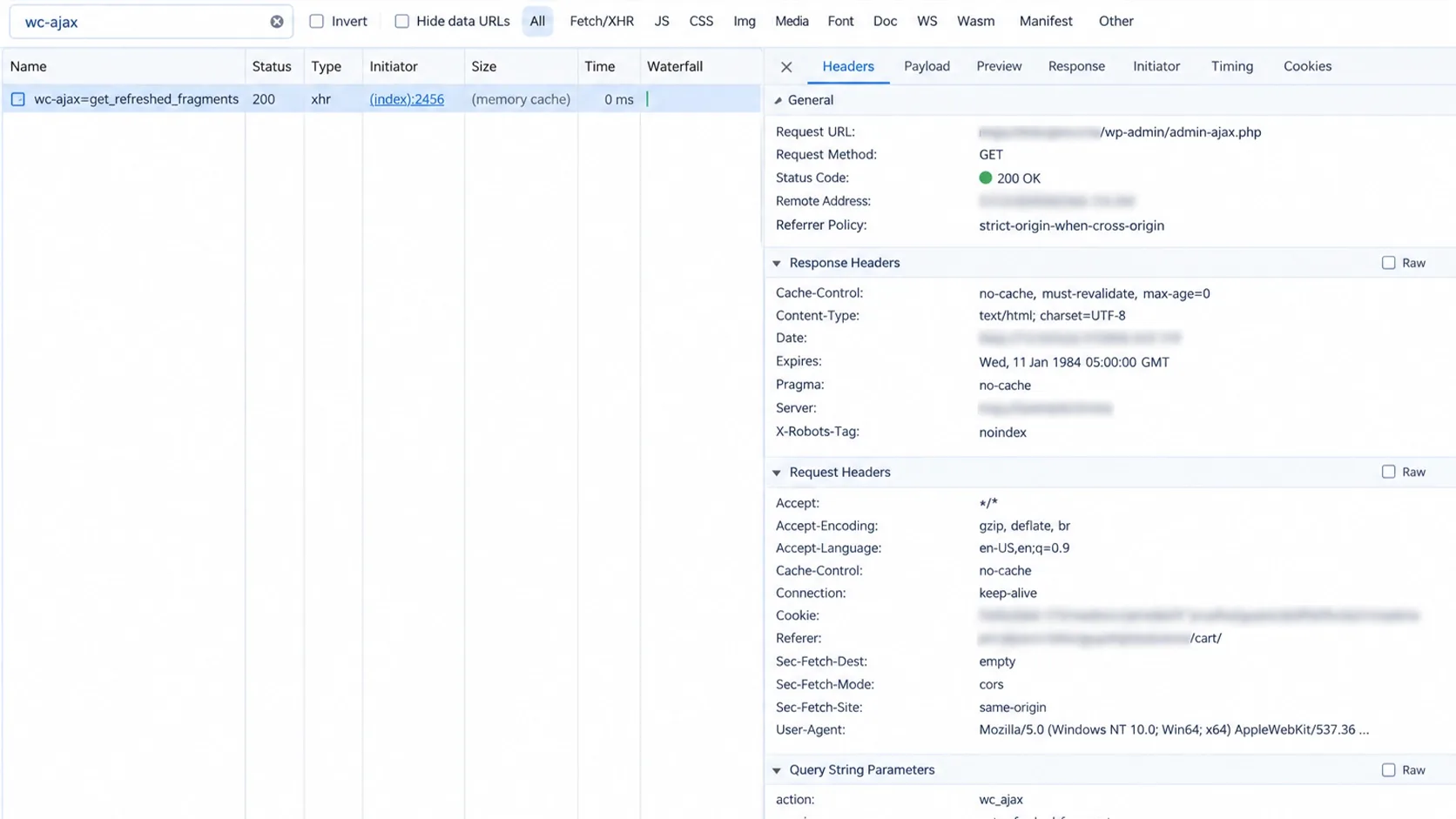 Browser network panel showing a wc-ajax get_refreshed_fragments