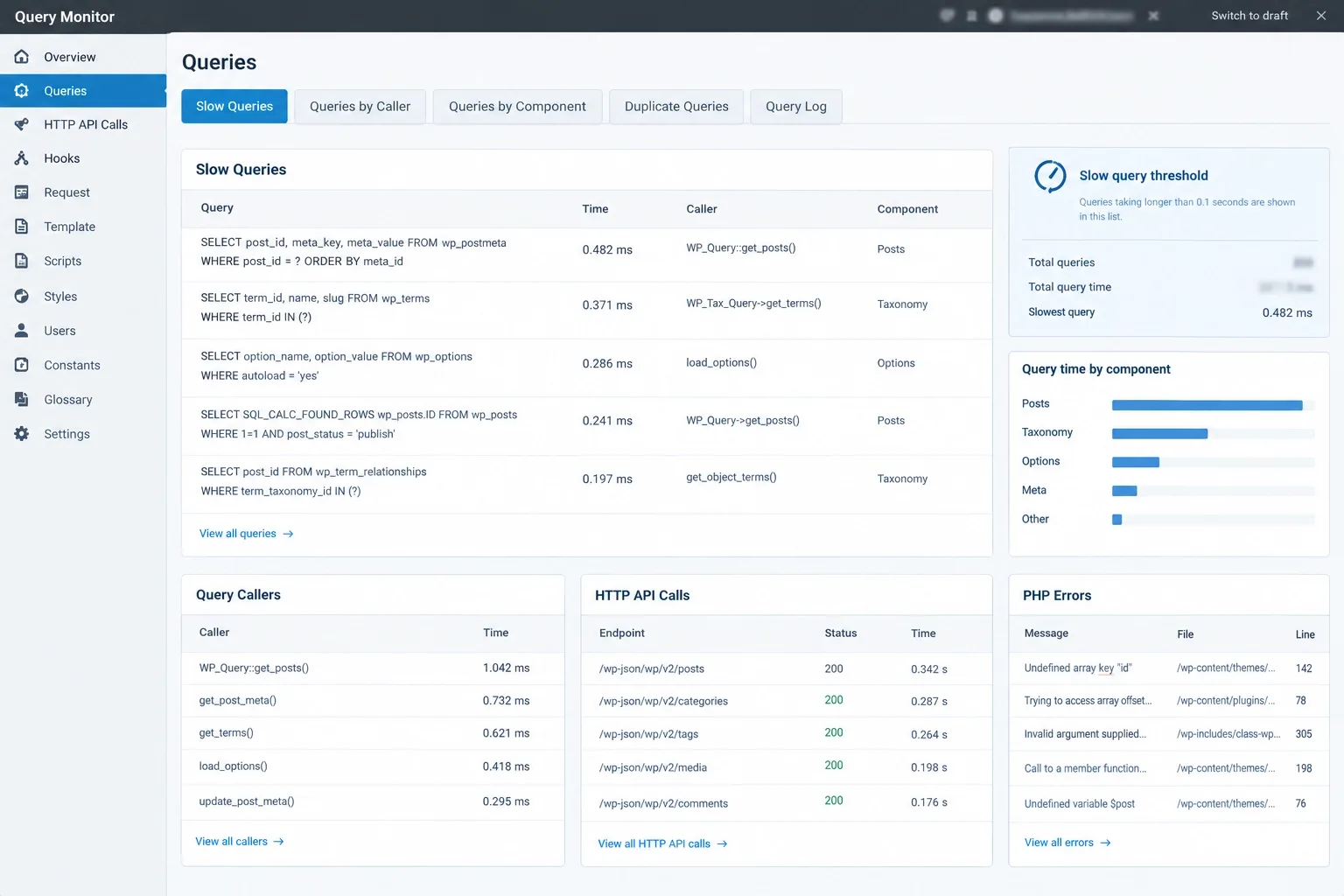 Query Monitor view on a staging site listing