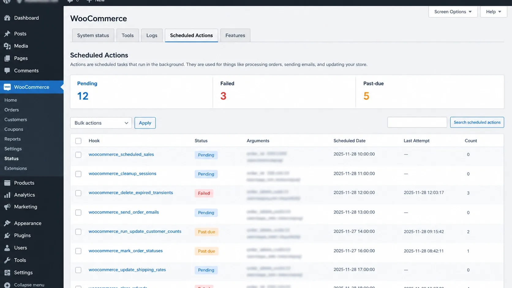 WooCommerce Scheduled Actions screen listing pending, failed and past-due background tasks