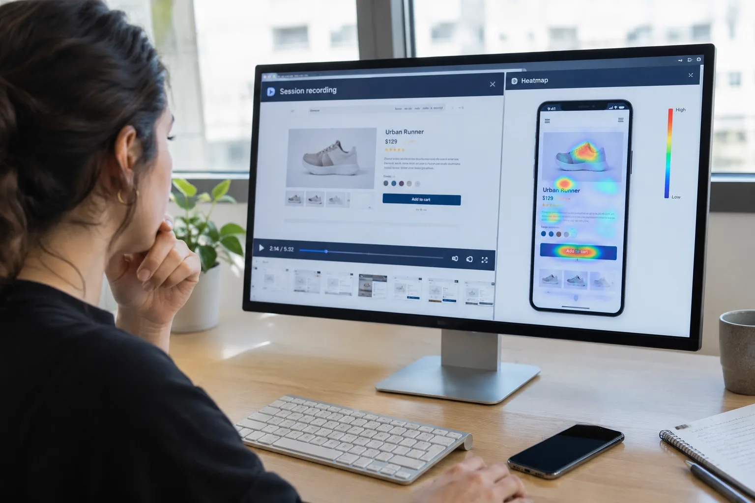 Specialist reviewing a mobile heatmap and session recording of a WooCommerce product page