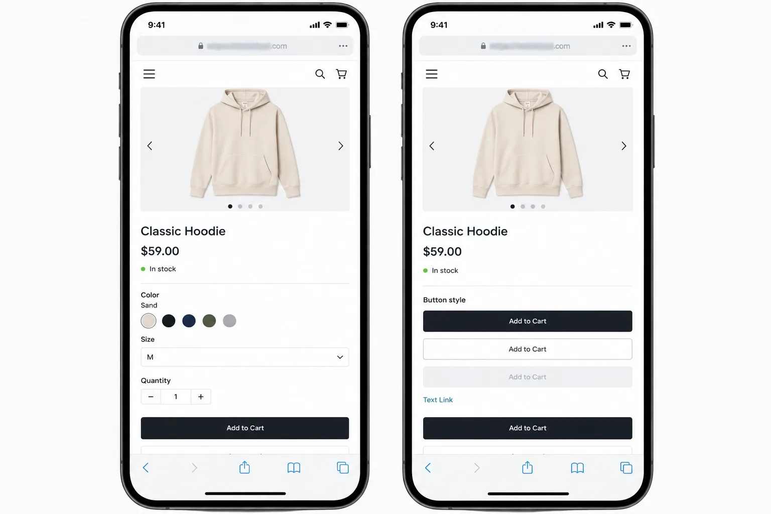 native variation dropdowns on the left and button swatches on the right on a phone