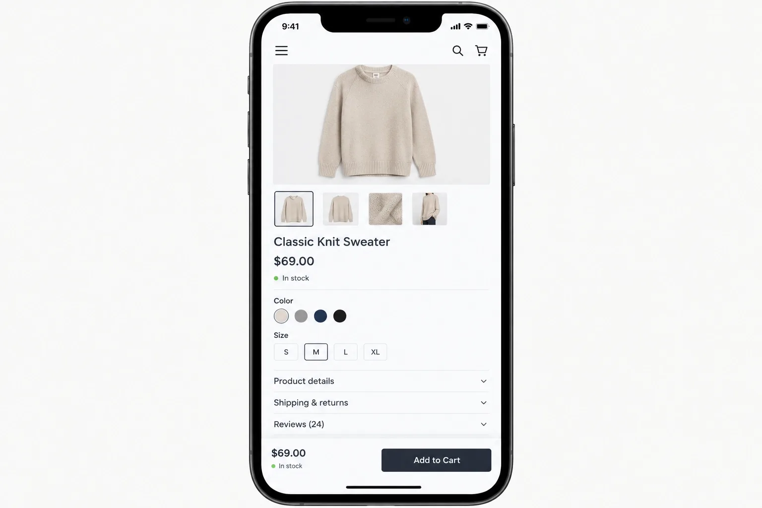 Mobile product page with a sticky Add to Cart bar fixed at the bottom of the screen