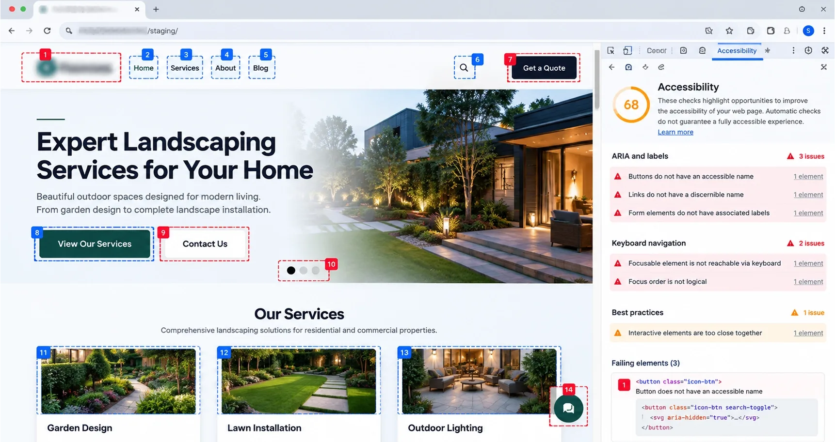 Accessibility audit on a staging page highlighting elements with focus and contrast issues