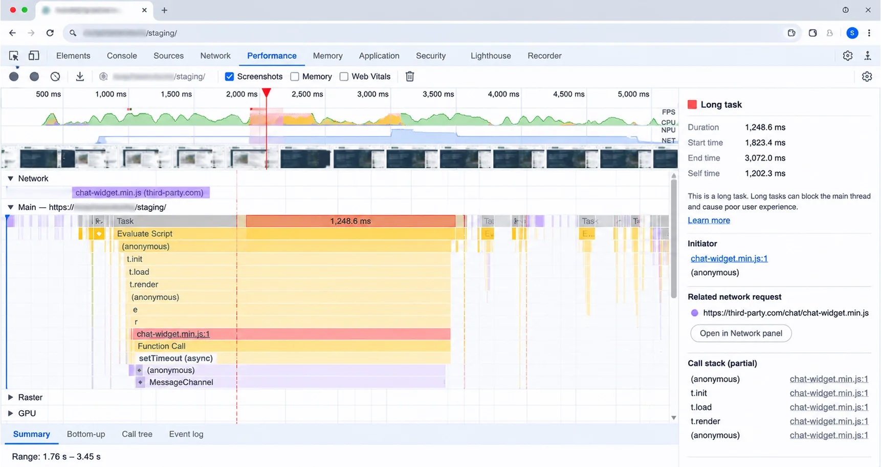 Chrome DevTools performance trace showing a long main-thread task from a third-party script