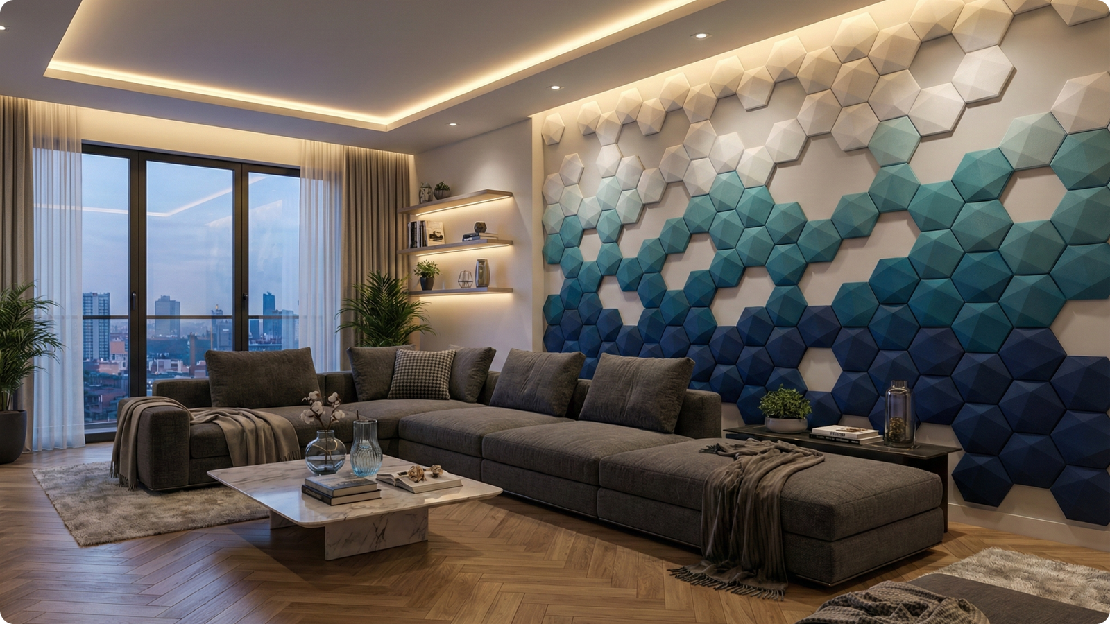 3D hex wall tiles styled in a living room