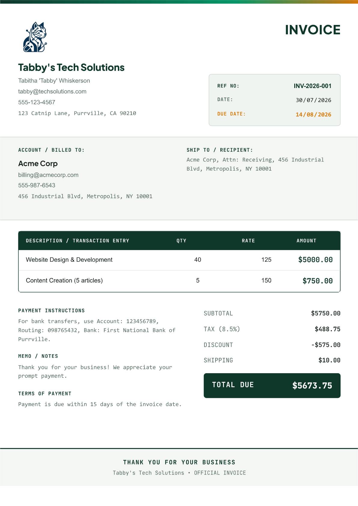 Field Ledger Trades invoice template preview