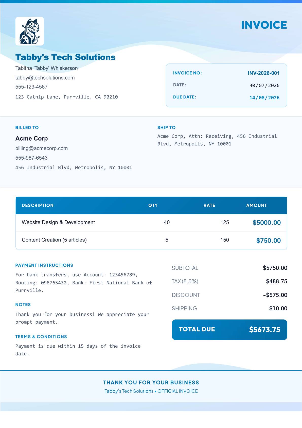 Flow Wellness invoice template preview